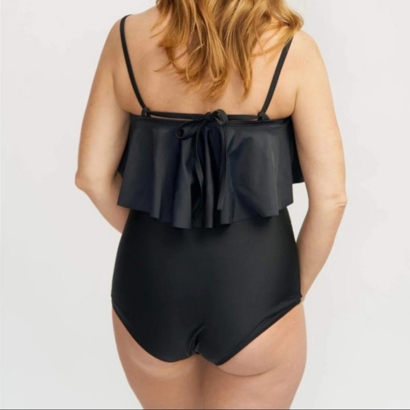 NWT June Loop S Mary Swim Top Bikini Black Ruffle Long Line Modest - Picture 3 of 6